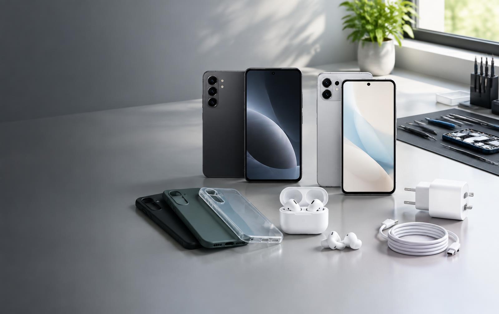 Mobile phones, cases, earbuds and chargers